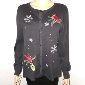 k.b.collections XL Black Christmas‎ Cardigan Sweater Embroidered Cardinal...